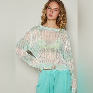 POL Mint Green Sheer Knit Top